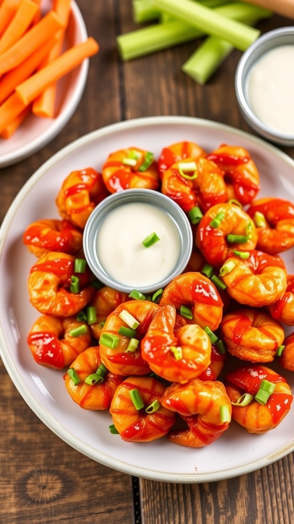 A plate of crispy buffalo shrimp bites garnished with green onions and served with ranch dressing on a wooden table.